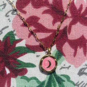 Golden Crescent Moon Necklace – Pink Enamel Charm
