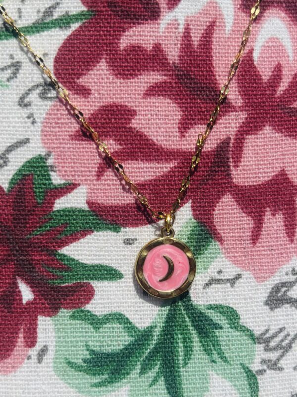 Golden Crescent Moon Necklace – Pink Enamel Charm